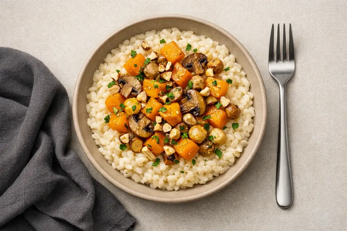 Risotto à la courge butternut rôtie et aux champignons