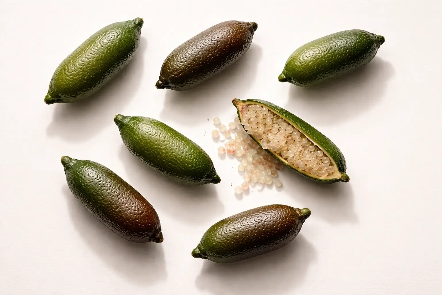 Photographie en studio de Citrons caviar vue de haut, fond blanc