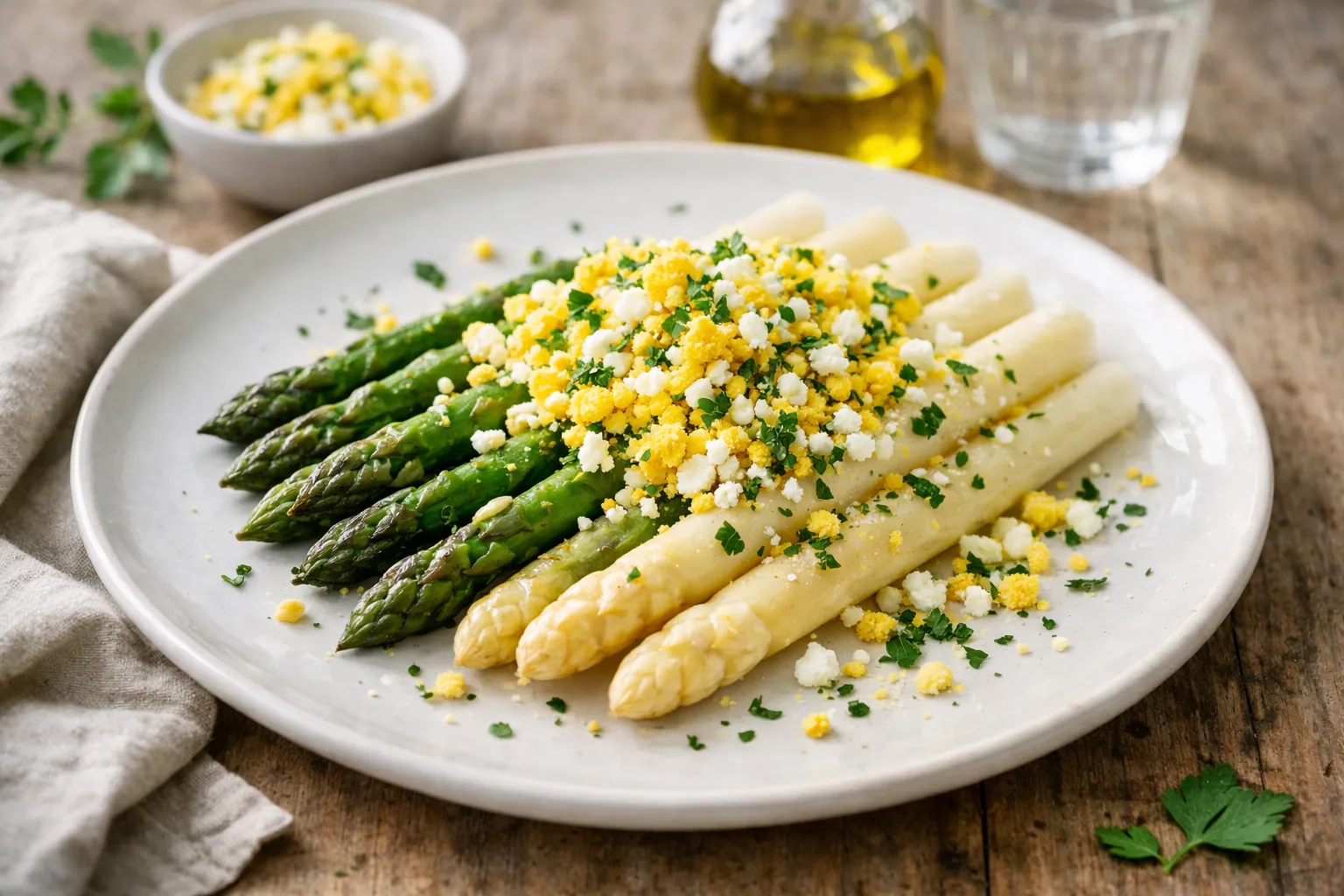 plat d'asperges mimosa dans une assiette sur une table