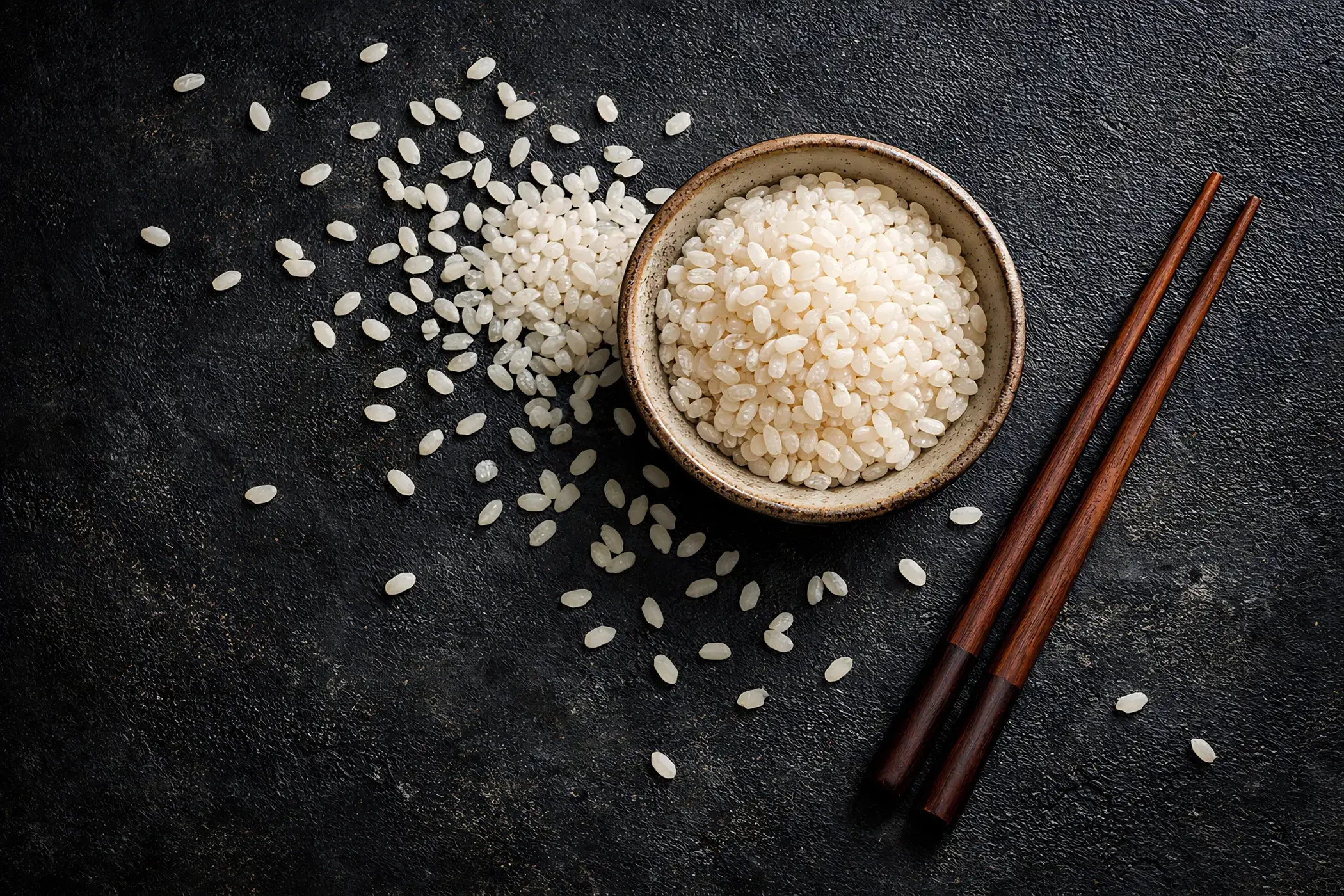 Bol de riz japonais cru avec baguettes sur fond sombre en vue de dessus